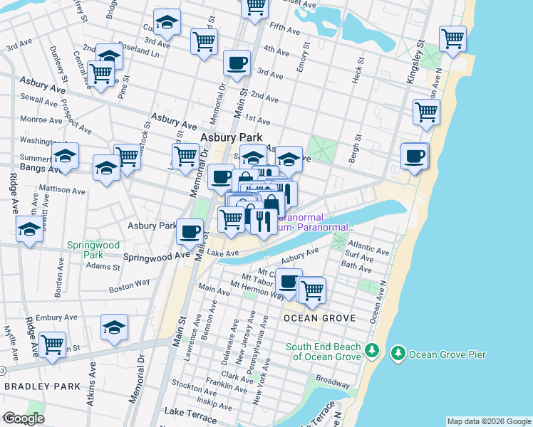 map of restaurants, bars, coffee shops, grocery stores, and more near 601 Mattison Avenue in Asbury Park