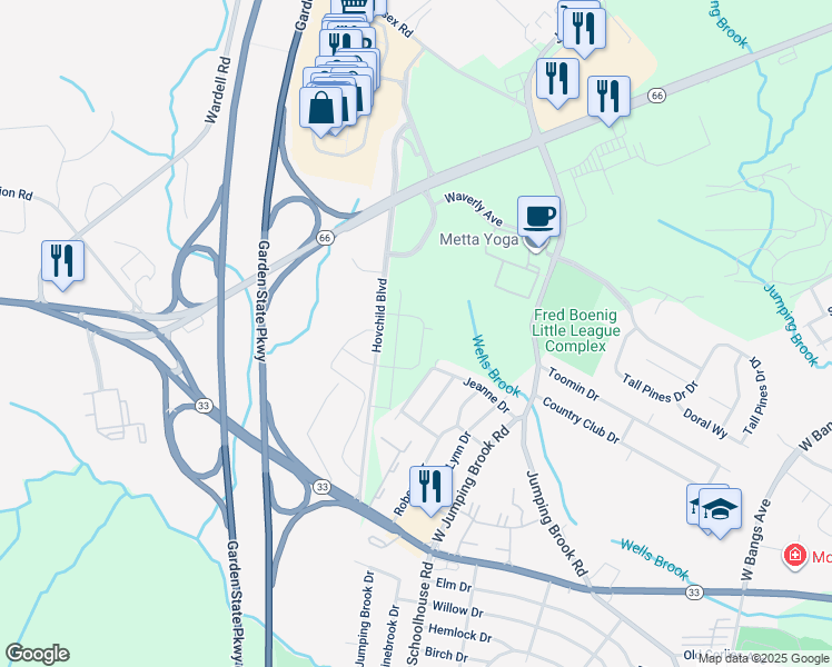 map of restaurants, bars, coffee shops, grocery stores, and more near Victoria Gardens Square in Neptune Township
