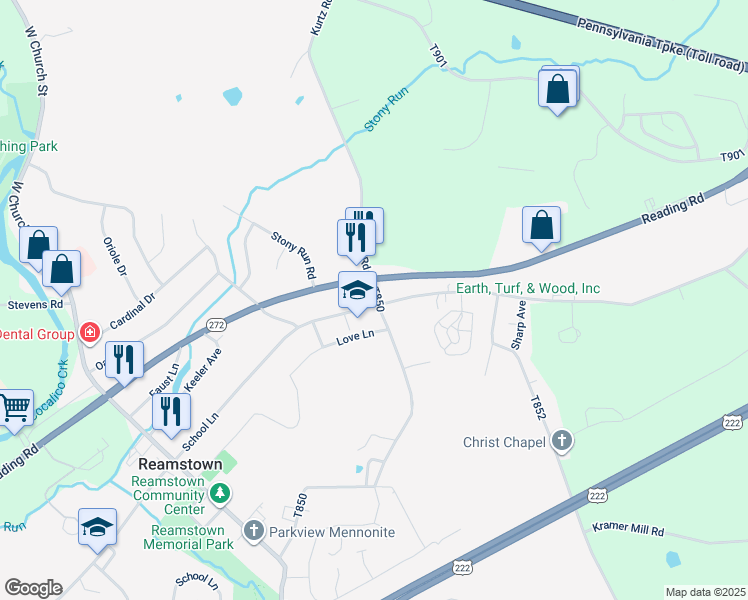 map of restaurants, bars, coffee shops, grocery stores, and more near 302 Park Street in Stevens