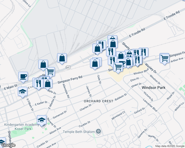 map of restaurants, bars, coffee shops, grocery stores, and more near Simpson Ferry Road in Mechanicsburg