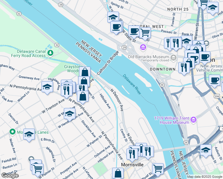 map of restaurants, bars, coffee shops, grocery stores, and more near 467 North Delmorr Avenue in Morrisville
