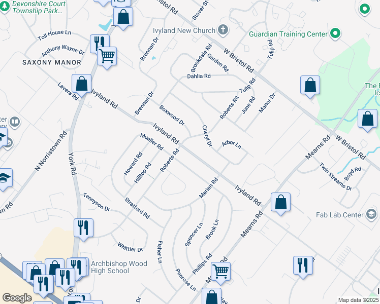 map of restaurants, bars, coffee shops, grocery stores, and more near 676 Ivyland Road in Warminster