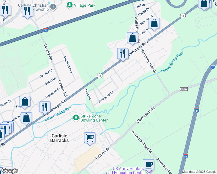map of restaurants, bars, coffee shops, grocery stores, and more near 427 Eisenhower Drive in Carlisle