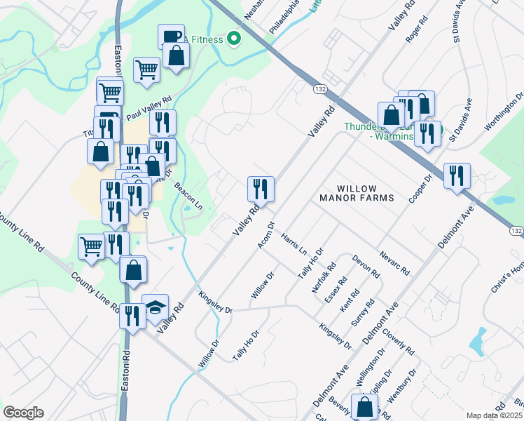 map of restaurants, bars, coffee shops, grocery stores, and more near 312 Acorn Drive in Warminster