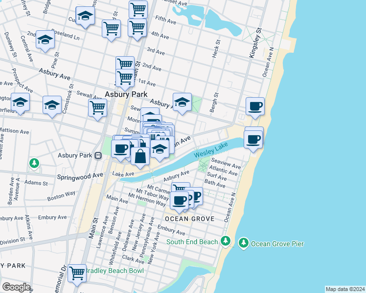 map of restaurants, bars, coffee shops, grocery stores, and more near 407 Lake Avenue in Asbury Park