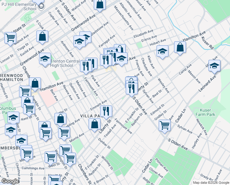 map of restaurants, bars, coffee shops, grocery stores, and more near 72 Kearney Avenue in Trenton