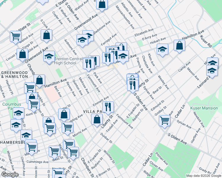 map of restaurants, bars, coffee shops, grocery stores, and more near 950 Park Avenue in Trenton