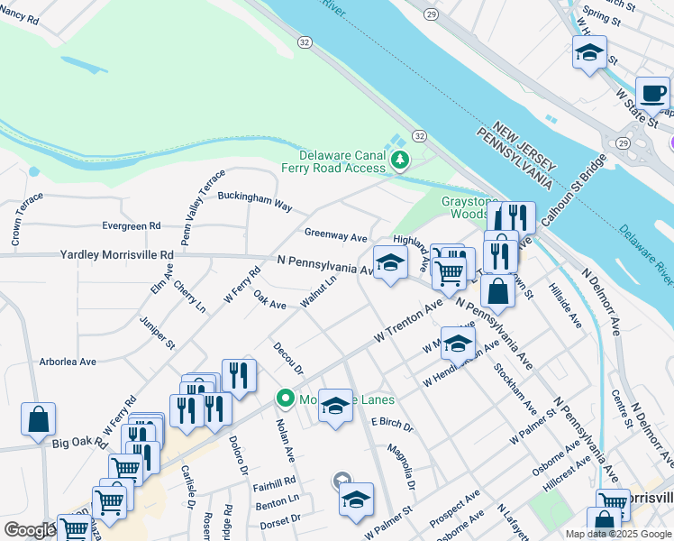 map of restaurants, bars, coffee shops, grocery stores, and more near 915 North Pennsylvania Avenue in Morrisville