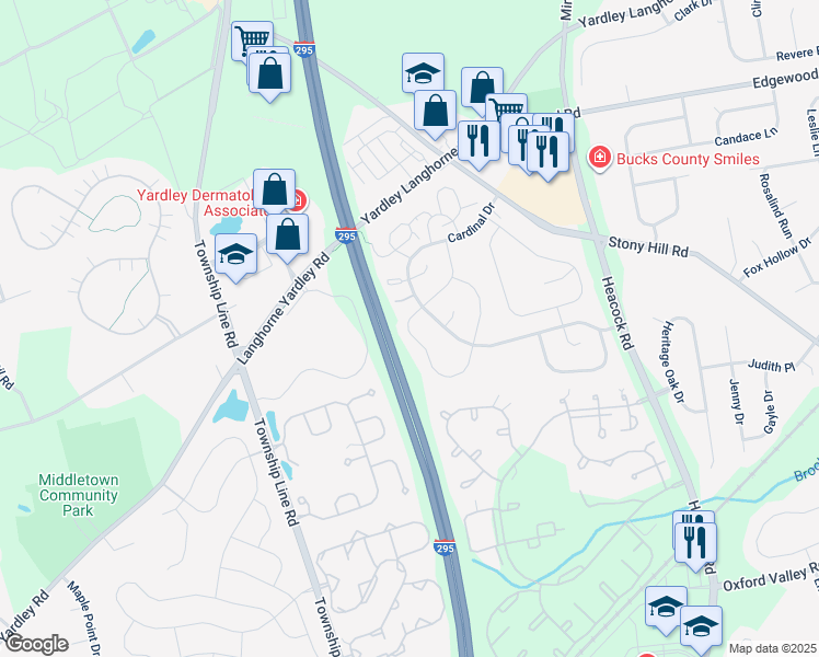 map of restaurants, bars, coffee shops, grocery stores, and more near 589 South Dove Road in Yardley