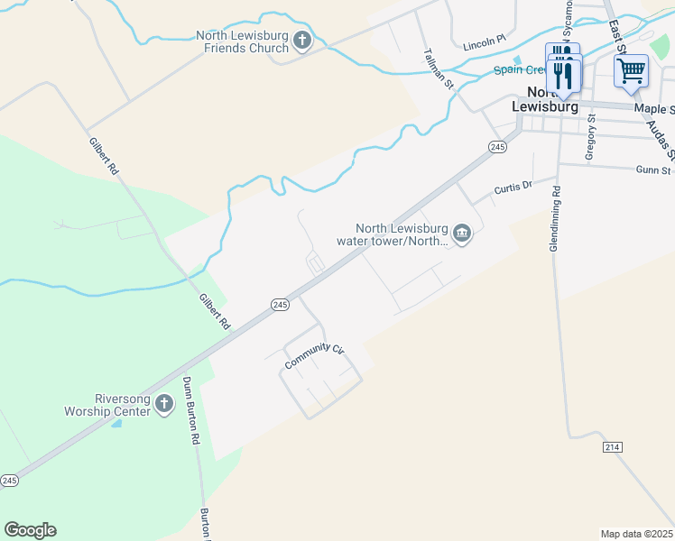 map of restaurants, bars, coffee shops, grocery stores, and more near 4677-8999 Mill St in North Lewisburg