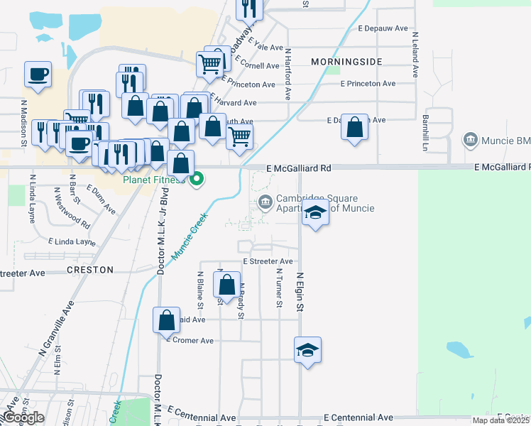 map of restaurants, bars, coffee shops, grocery stores, and more near 1601 East McGalliard Road in Muncie