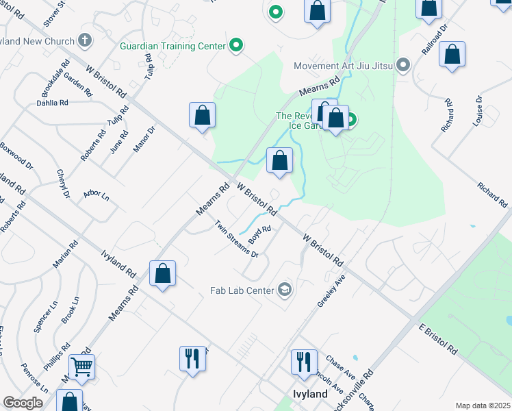 map of restaurants, bars, coffee shops, grocery stores, and more near 1303 Pebblebrook Road in Warminster