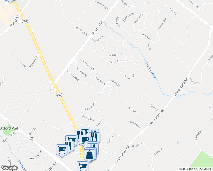 map of restaurants, bars, coffee shops, grocery stores, and more near 306 Ellison Drive in North Wales