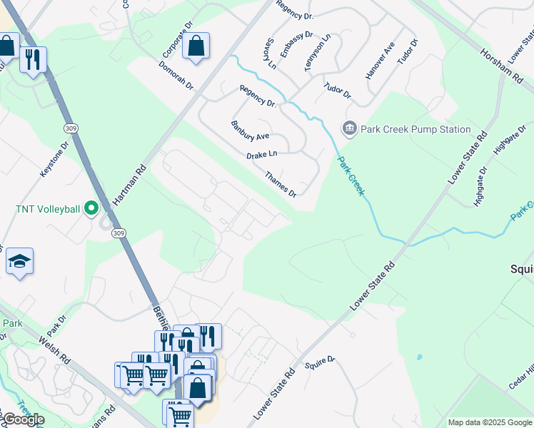 map of restaurants, bars, coffee shops, grocery stores, and more near 414 Ellison Drive in North Wales