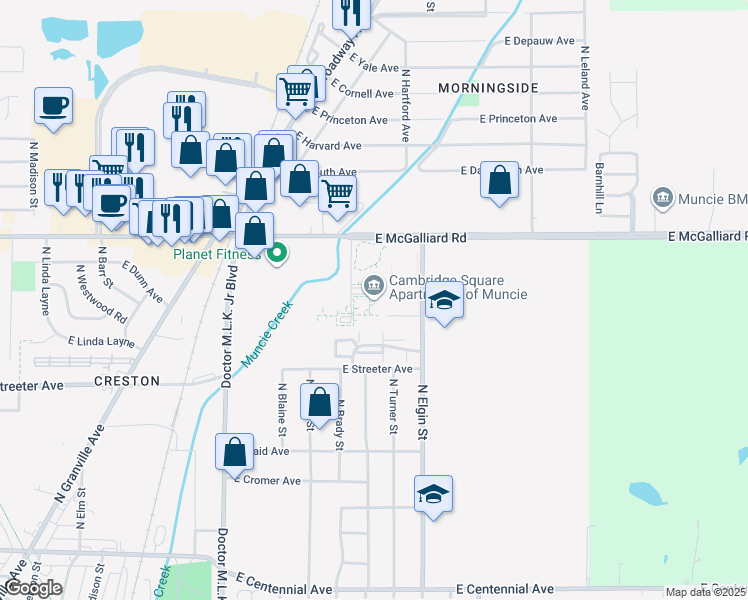 map of restaurants, bars, coffee shops, grocery stores, and more near 1601 East McGalliard Road in Muncie