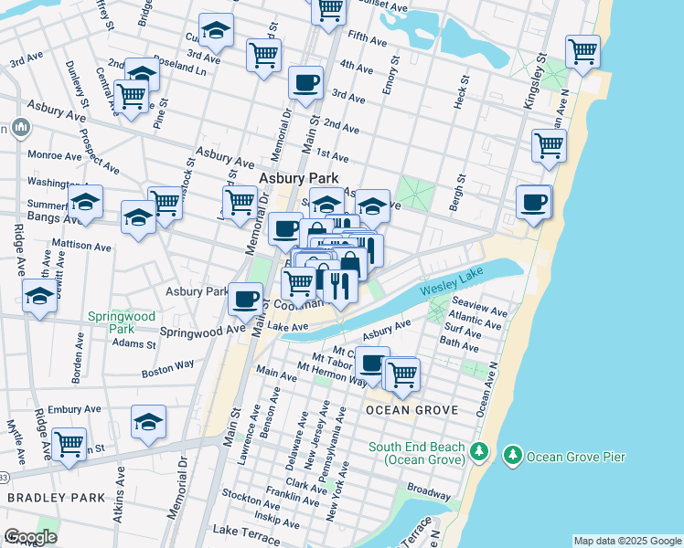 map of restaurants, bars, coffee shops, grocery stores, and more near 601 Mattison Avenue in Asbury Park