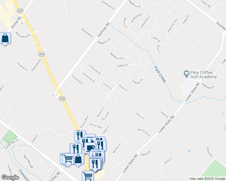 map of restaurants, bars, coffee shops, grocery stores, and more near 414 Ellison Drive in North Wales