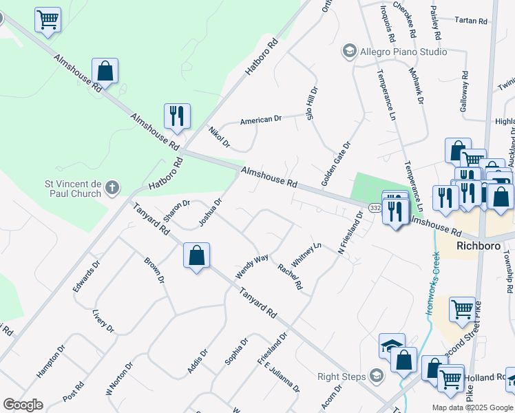 map of restaurants, bars, coffee shops, grocery stores, and more near 37 Jasons Way in Richboro