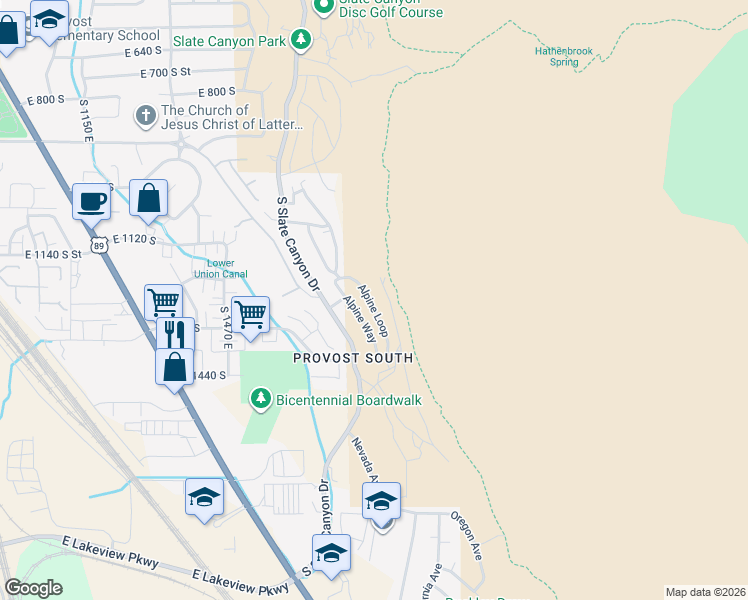 map of restaurants, bars, coffee shops, grocery stores, and more near 1333 Alpine Way in Provo