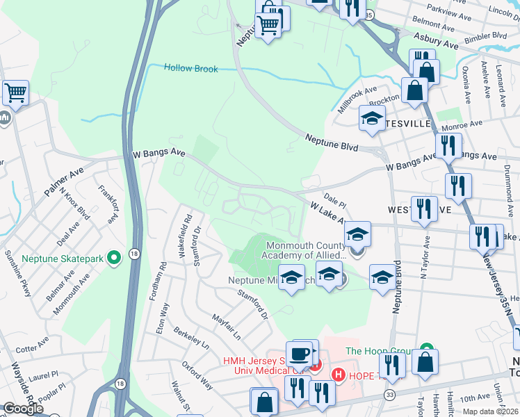 map of restaurants, bars, coffee shops, grocery stores, and more near 1404 Alpine Trail in Neptune City