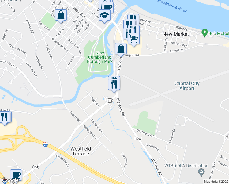 map of restaurants, bars, coffee shops, grocery stores, and more near 113 Old York Road in New Cumberland