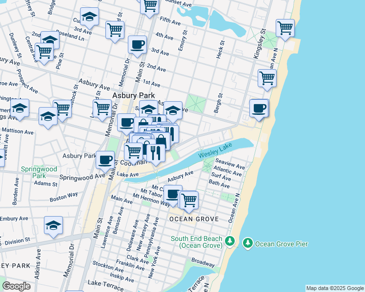 map of restaurants, bars, coffee shops, grocery stores, and more near 407 Lake Avenue in Asbury Park