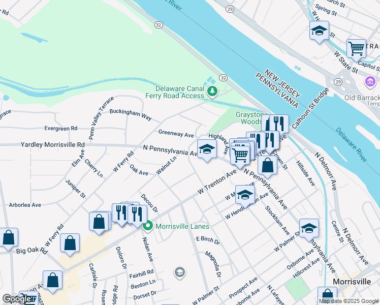 map of restaurants, bars, coffee shops, grocery stores, and more near 3 Ridge Avenue in Yardley