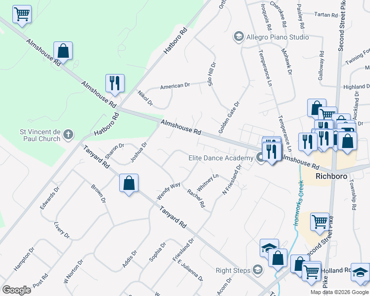 map of restaurants, bars, coffee shops, grocery stores, and more near 46 Jasons Way in Richboro