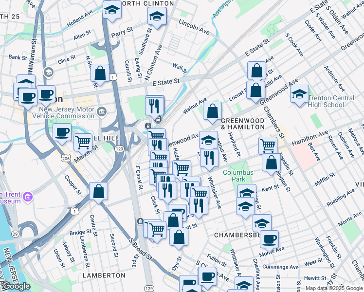 map of restaurants, bars, coffee shops, grocery stores, and more near 465 Greenwood Avenue in Trenton