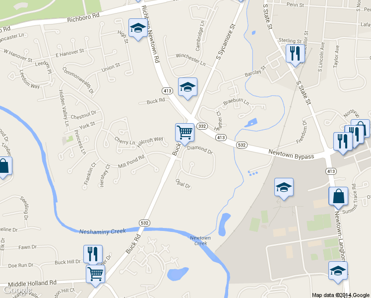 map of restaurants, bars, coffee shops, grocery stores, and more near 1307 Diamond Drive in Newtown