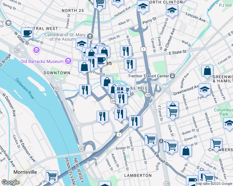 map of restaurants, bars, coffee shops, grocery stores, and more near 121 Jackson Street in Trenton