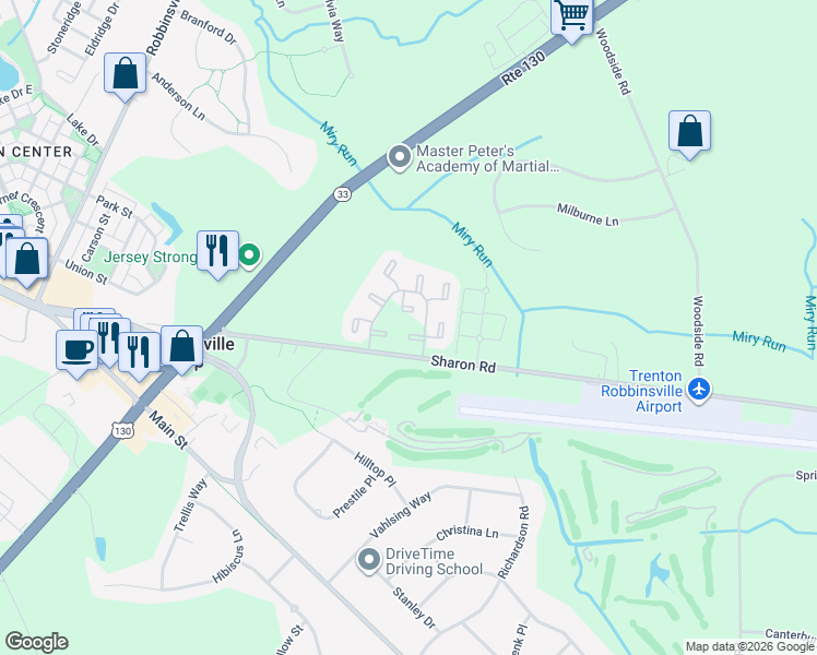 map of restaurants, bars, coffee shops, grocery stores, and more near 10 Isa Court in Robbinsville Township