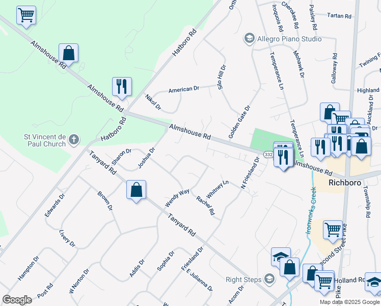 map of restaurants, bars, coffee shops, grocery stores, and more near 49 Jasons Way in Richboro