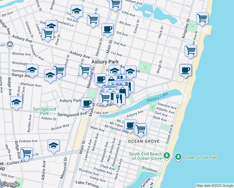 map of restaurants, bars, coffee shops, grocery stores, and more near 601 Mattison Avenue in Asbury Park