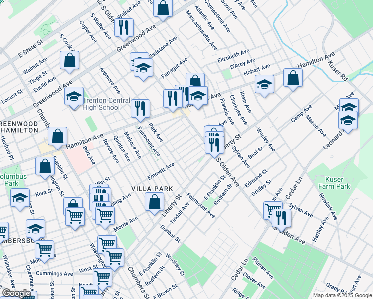 map of restaurants, bars, coffee shops, grocery stores, and more near 72 Kearney Avenue in Trenton