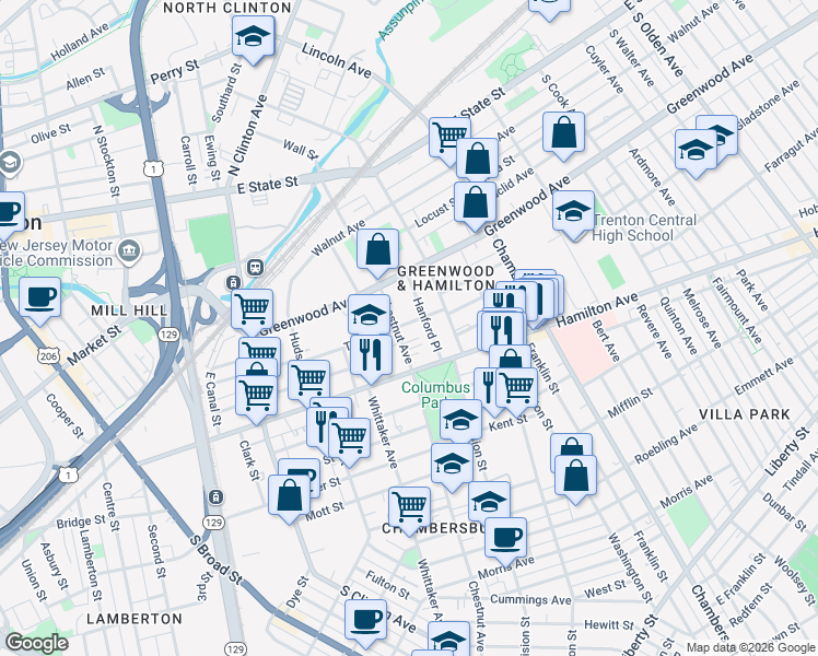 map of restaurants, bars, coffee shops, grocery stores, and more near 318 Chestnut Avenue in Trenton
