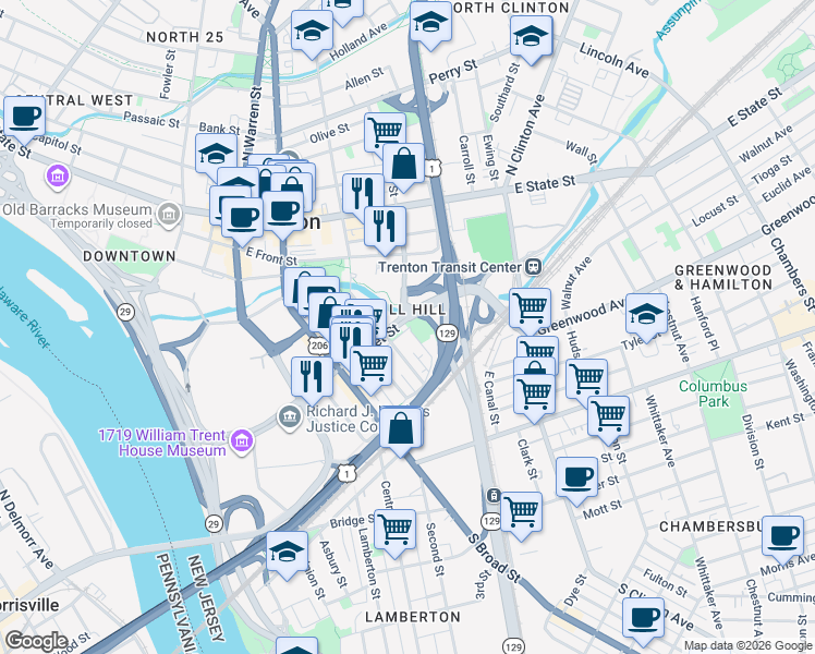map of restaurants, bars, coffee shops, grocery stores, and more near in Trenton