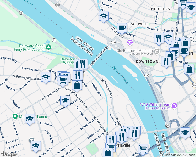 map of restaurants, bars, coffee shops, grocery stores, and more near 467 North Delmorr Avenue in Morrisville