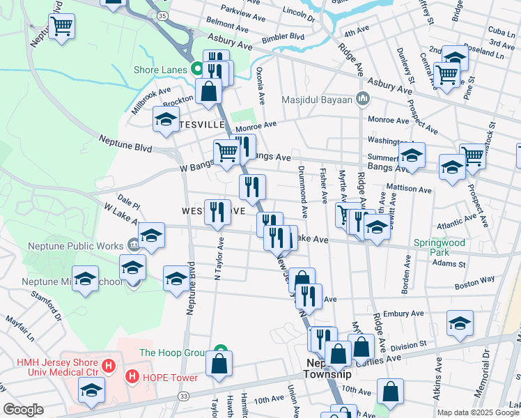 map of restaurants, bars, coffee shops, grocery stores, and more near State Route 35 North in Wall Township