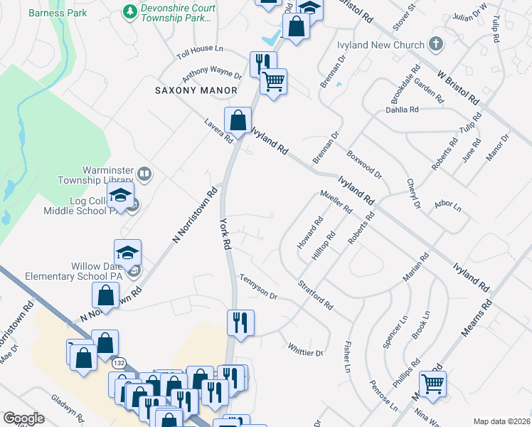 map of restaurants, bars, coffee shops, grocery stores, and more near 319 Valley Forge Court in Warminster