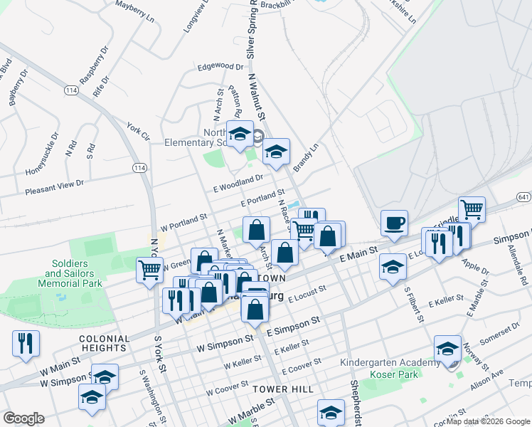 map of restaurants, bars, coffee shops, grocery stores, and more near 214 North Arch Street in Mechanicsburg