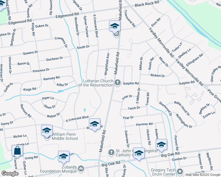 map of restaurants, bars, coffee shops, grocery stores, and more near 1 South Homestead Drive in Yardley