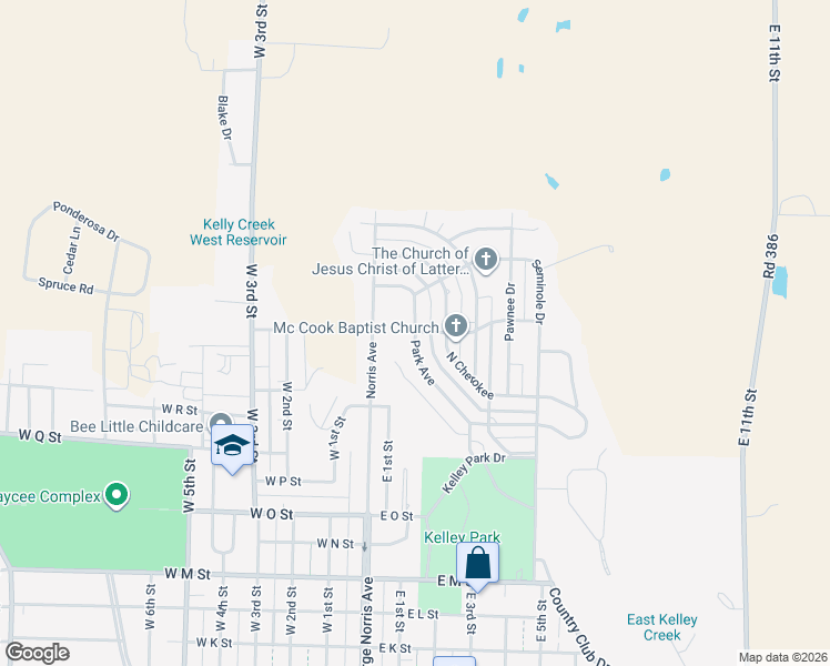 map of restaurants, bars, coffee shops, grocery stores, and more near 399 Park Ave in McCook