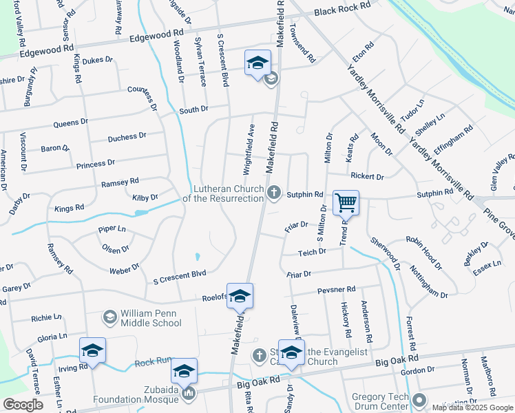 map of restaurants, bars, coffee shops, grocery stores, and more near 1 South Homestead Drive in Yardley