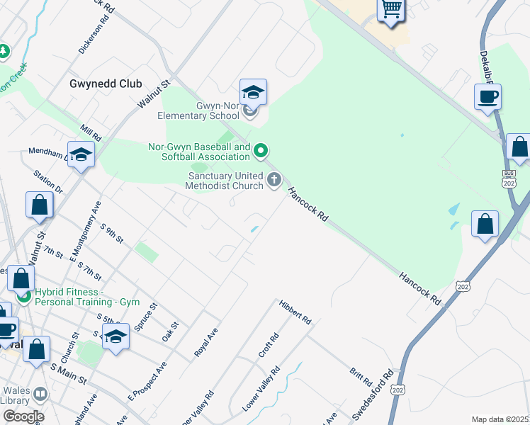 map of restaurants, bars, coffee shops, grocery stores, and more near 361 Newbury Court in North Wales