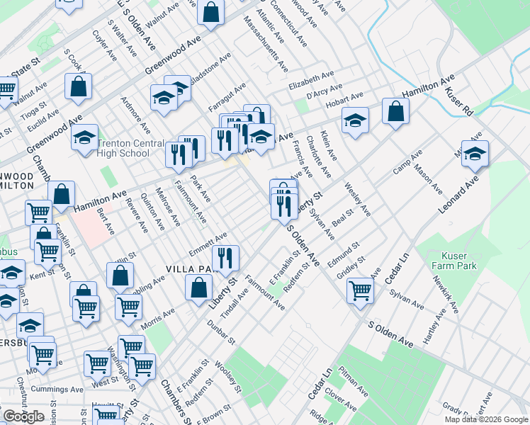 map of restaurants, bars, coffee shops, grocery stores, and more near 72 Kearney Avenue in Trenton