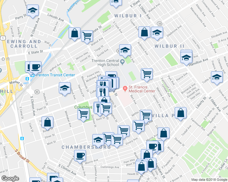 map of restaurants, bars, coffee shops, grocery stores, and more near 545 Chambers Street in Trenton