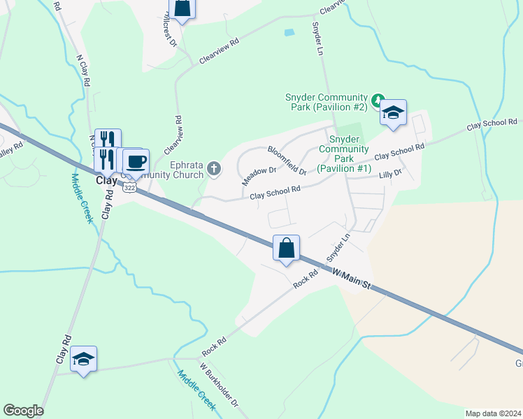 map of restaurants, bars, coffee shops, grocery stores, and more near 154 Mount Olive Lane in Ephrata
