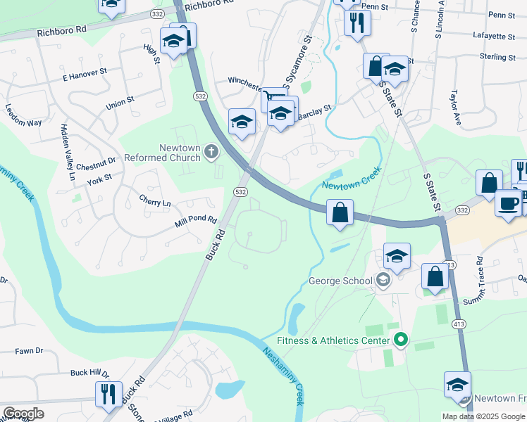 map of restaurants, bars, coffee shops, grocery stores, and more near 1209 Diamond Drive in Newtown