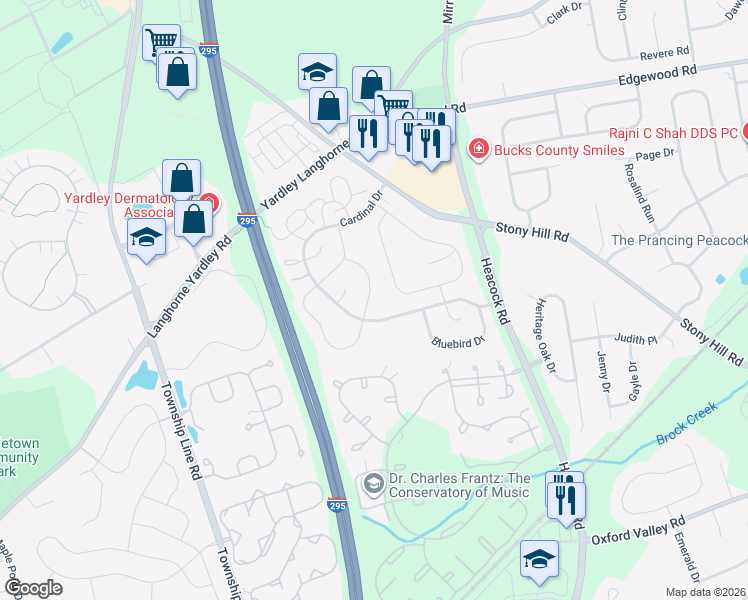 map of restaurants, bars, coffee shops, grocery stores, and more near 580 Wrensong Road in Yardley